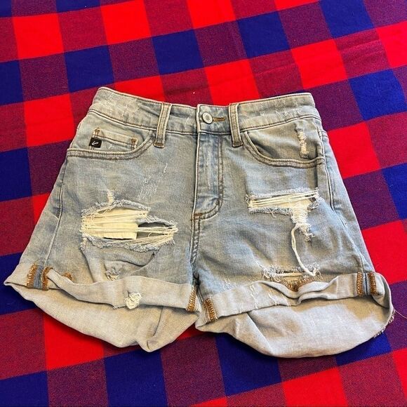 KanCan Light Wash Destroyed Denim Shorts Size 24 - Picture 1 of 11